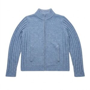 Woolrich Womens Medium Blue Haze Wool Blend Full Zip Ribbed Sweater Jacket Japan